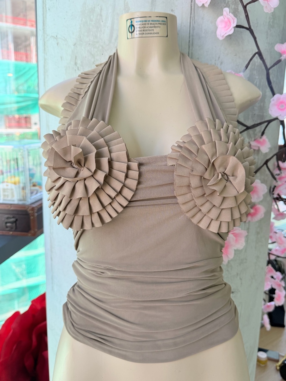 NWT Micas Khaki Pleated Mesh Halter Tank Top Size Small